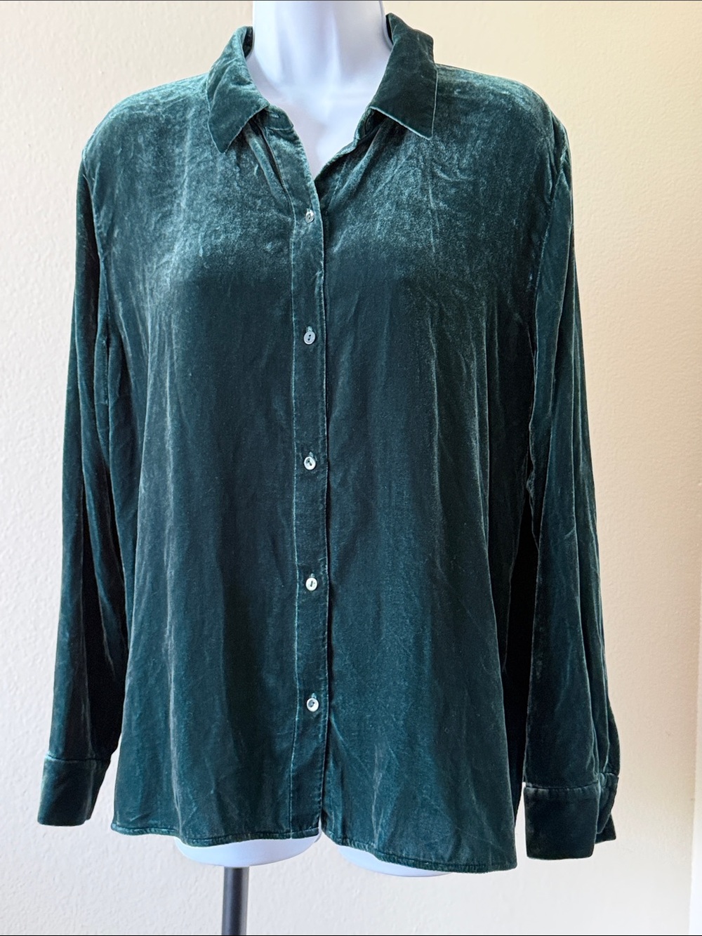 Eileen Fisher Deep Green Velvet Button-Down Shirt